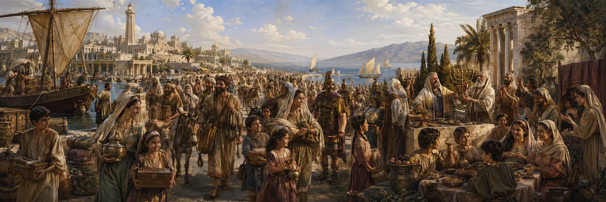 Freed Jewish families return home by road, river, and sea carrying restored goods after a festival of deliverance